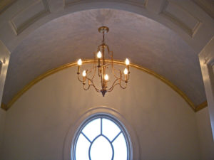 Metallic Plaster Ceiling Finish with gold leafed crown molding in the Master Bathroom, by Sylvia T Designs, New Orleans