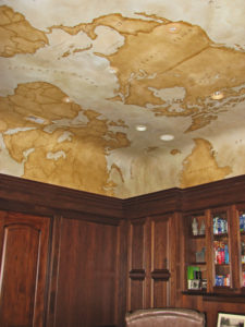 Sylvia T Designs - Hand-painted Old World map on canvas applied to the ceiling in a California residence.